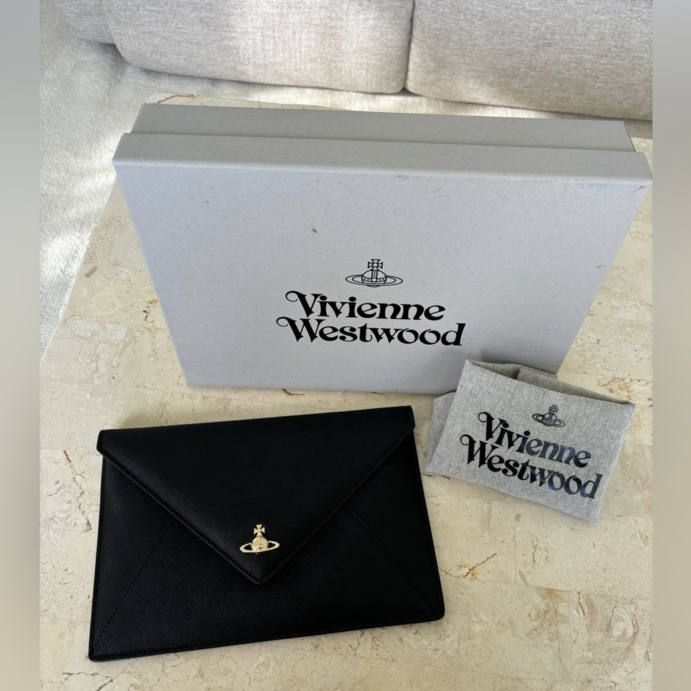 Vivienne Westwood Black Leather Envelope Orb Clutch